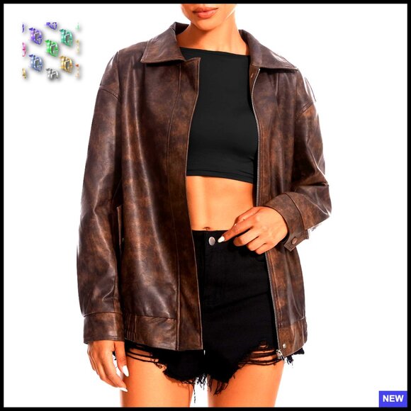 Oversized Faux Leather Motorcycle Jacket Bomber Zipper Chic Casual Travel